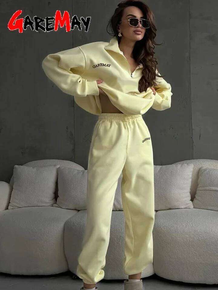 Spring Women s Tracksuit with Zipper Cotton Oversize Classic Pink Two Piece Set Casual Yellow Trouser Suits for MAKOUFEI