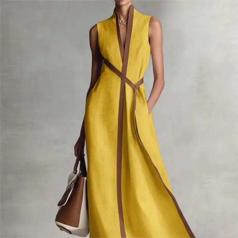Contrast Color Sleeveless Dress Lace Up 2026 Simple Loose Fashionable Womens Stand Collar Cotton Linen Solid Color Long Dress 260415