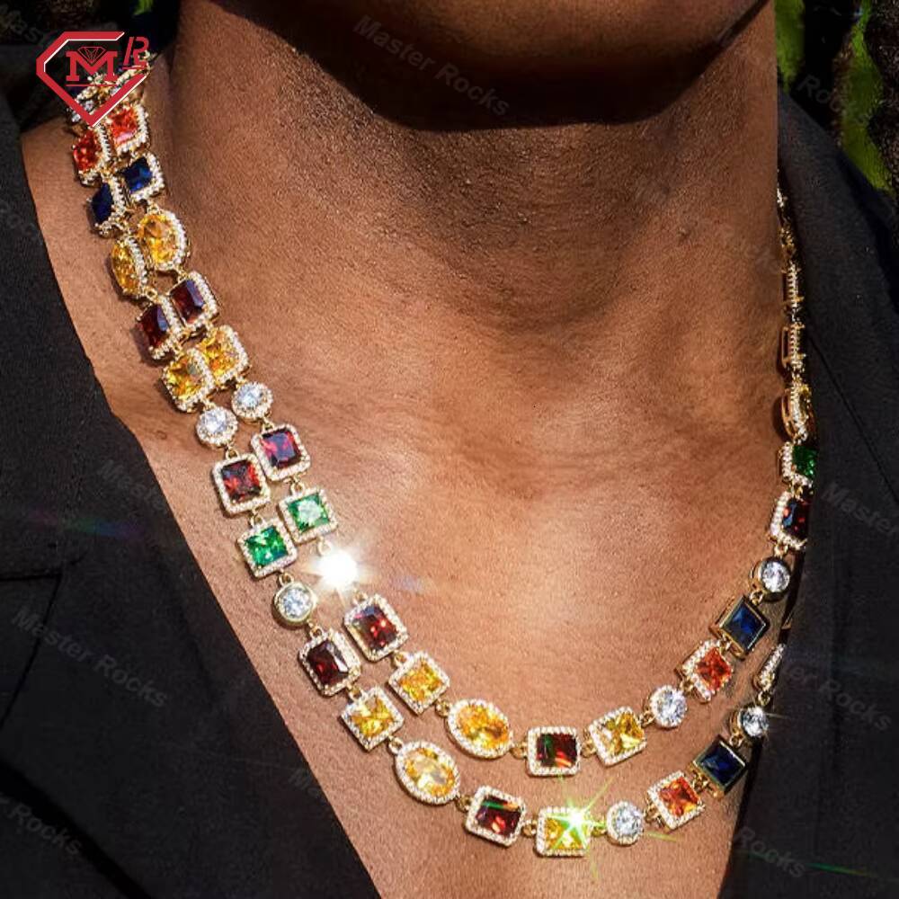 Fine Jewelry Necklaces Halo Style Colorful Vvs Diamond Cluster Tennis Chain 925 Sterling Silver Mens 10mm Moissanite Necklace