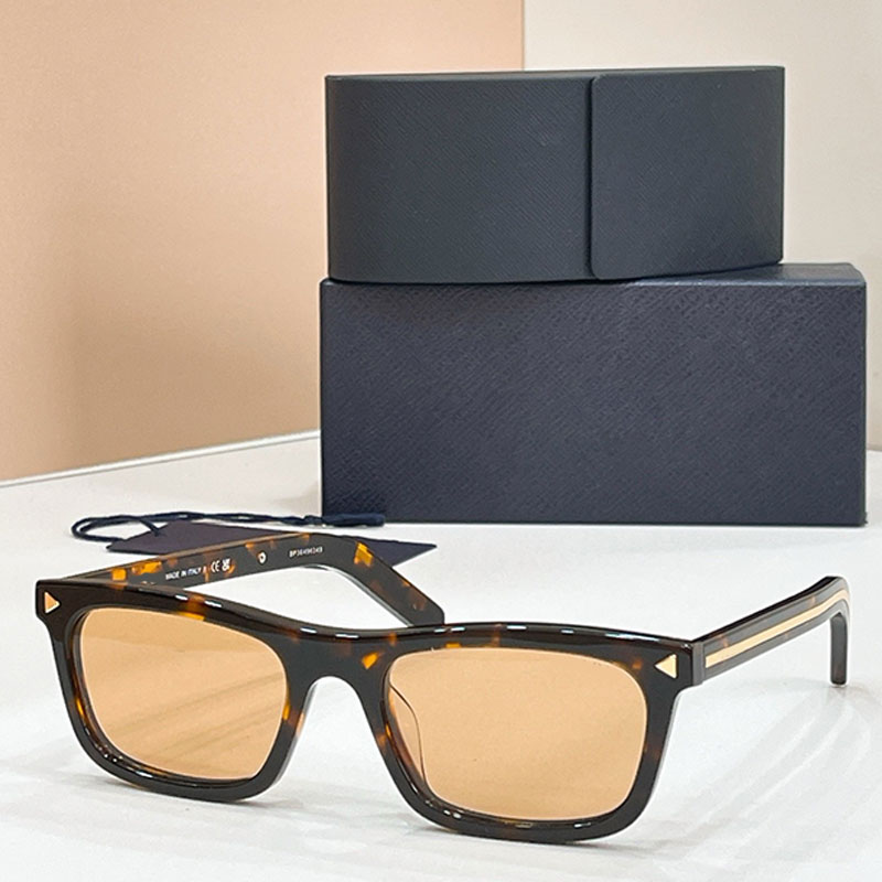 PR Sunglasses With Iconic Metal Plaque Mens Rectangular Sunglasses Fashion Narrow Frame Design SPR D05 Tortoiseshell Acetate Frame Yellow Lens womens Y2K sglasses