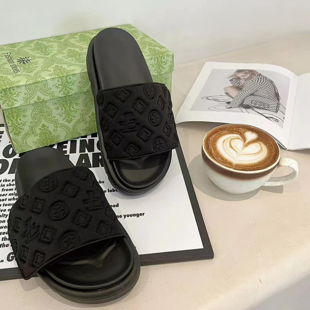 Summer New Thick-Soled Slippers for Outdoor Wear, Platform Embossed Versatile One-Word Magic Tape Sandals