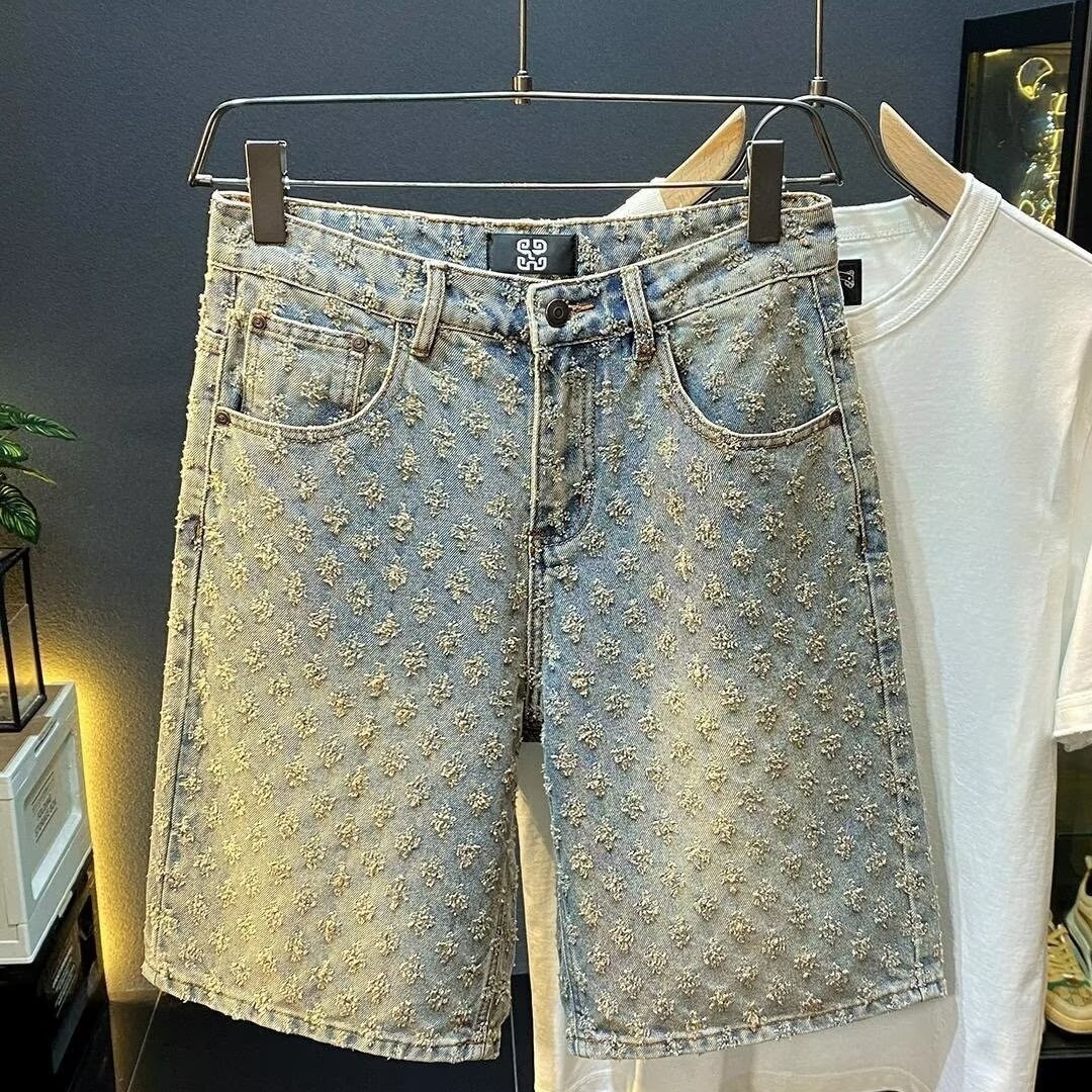 2026 New Designer American Men's Denim Shorts Summer Breathable Luxury Brand Loose Straight Casual Jacquard Medium Long Pants Wholesale