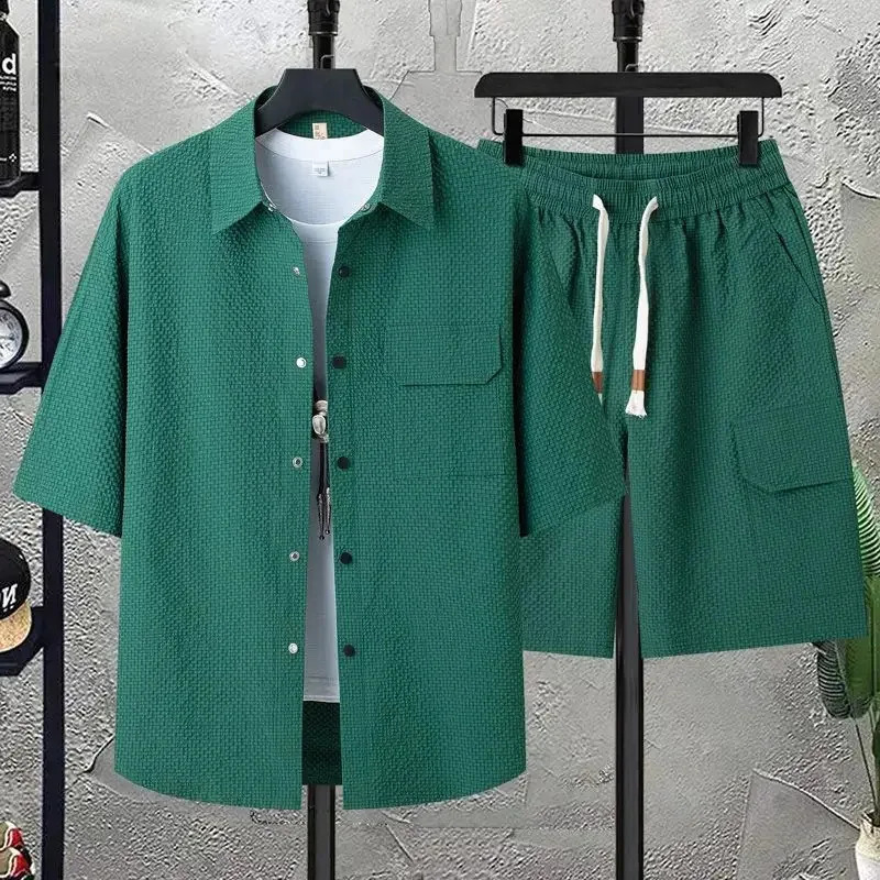 Mens Summer Short-sleeved 2-piece Sets Casual Loose Button Up Collar Shirt and Shorts Men Beach Cool T-shirt Shorts 260415