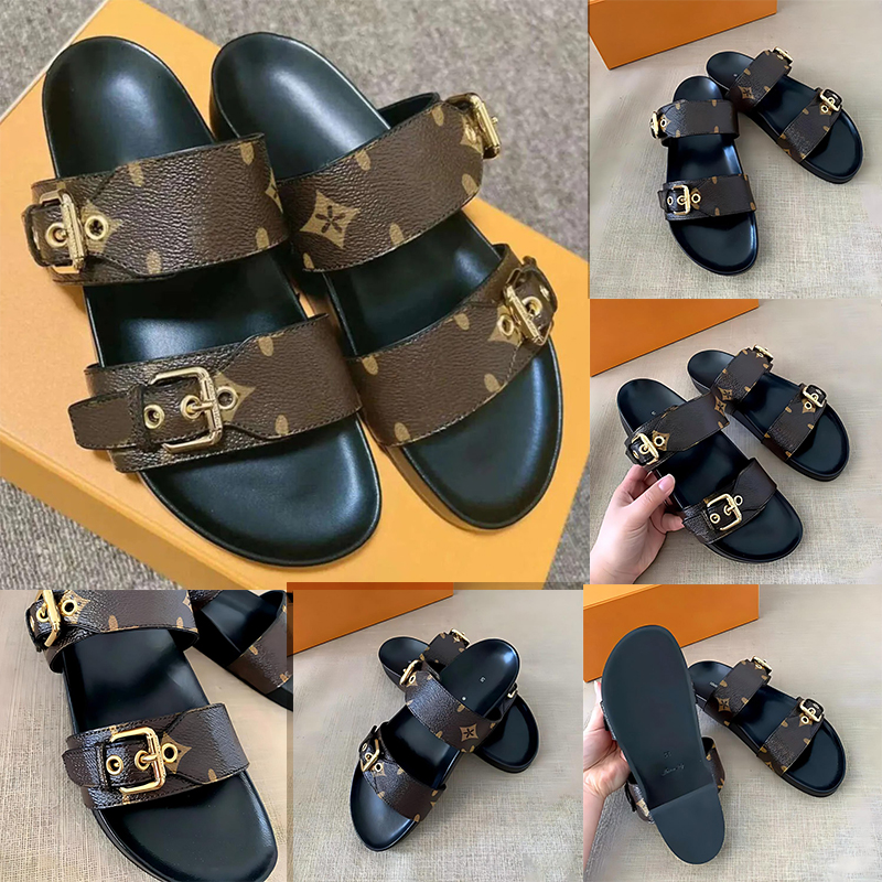 Bom Dia Shoes for women lvs Designer Shoes High quality Genuine Leather sandal Slipper Casual Shoe summer Woman Flat Slide Split Outdoor