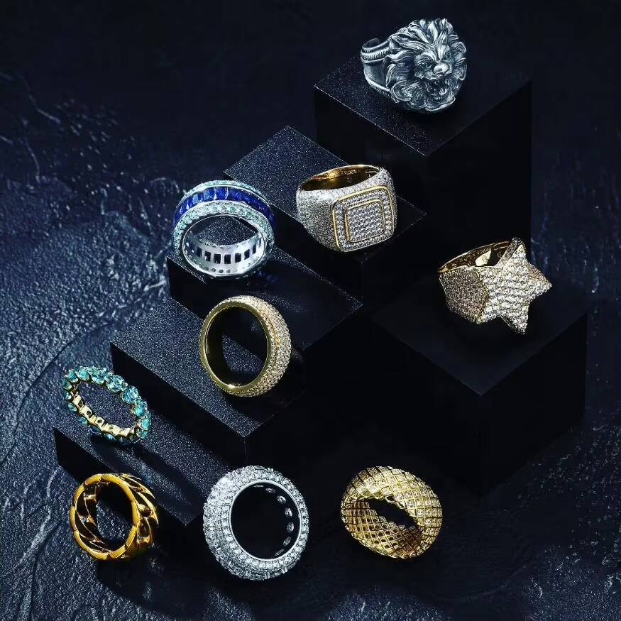 Hip Hop Gold Plated 925 Sterling Silver VVS Moissanite Rings Iced Out Baguette Cut Moissanite Ring Men