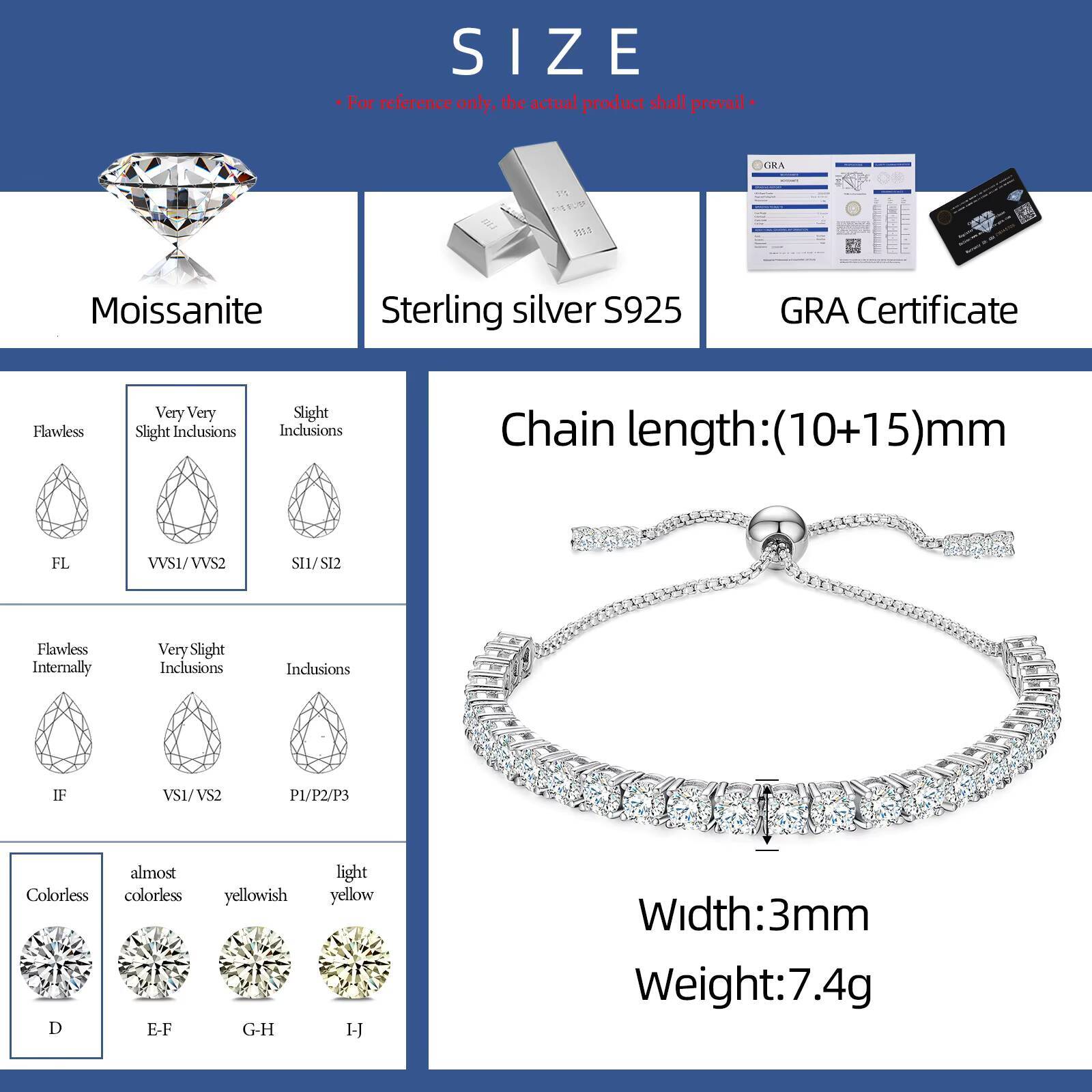 Fashion 2mm-3mm Moissanite Trendy Jewelry 925 Silver VVS Moissanite Diamond Adjustable Slider Tennis Bracelet for Women Gift