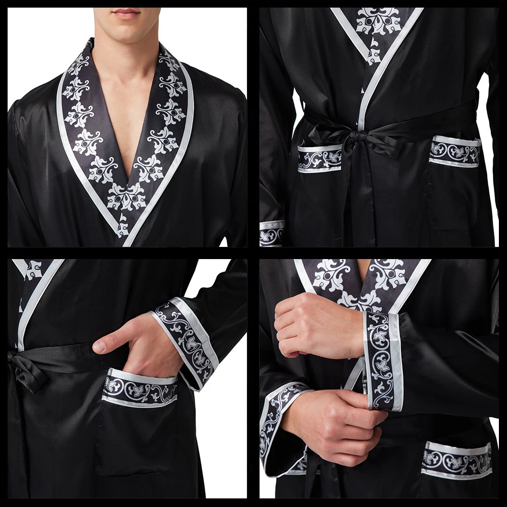 Tony Candice Mens Satin Robe Lightweight Long Sleeve Silk Kimono Bathrobe with Shorts Set Sleepwear 260415
