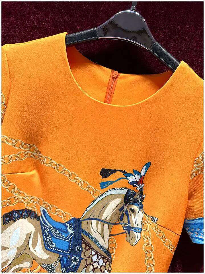 High Quality New Spring Summer Orange Short Sleeve Women Round Neck Cartoon Printed Fashionable Casual A line Dress MAKOUFEI