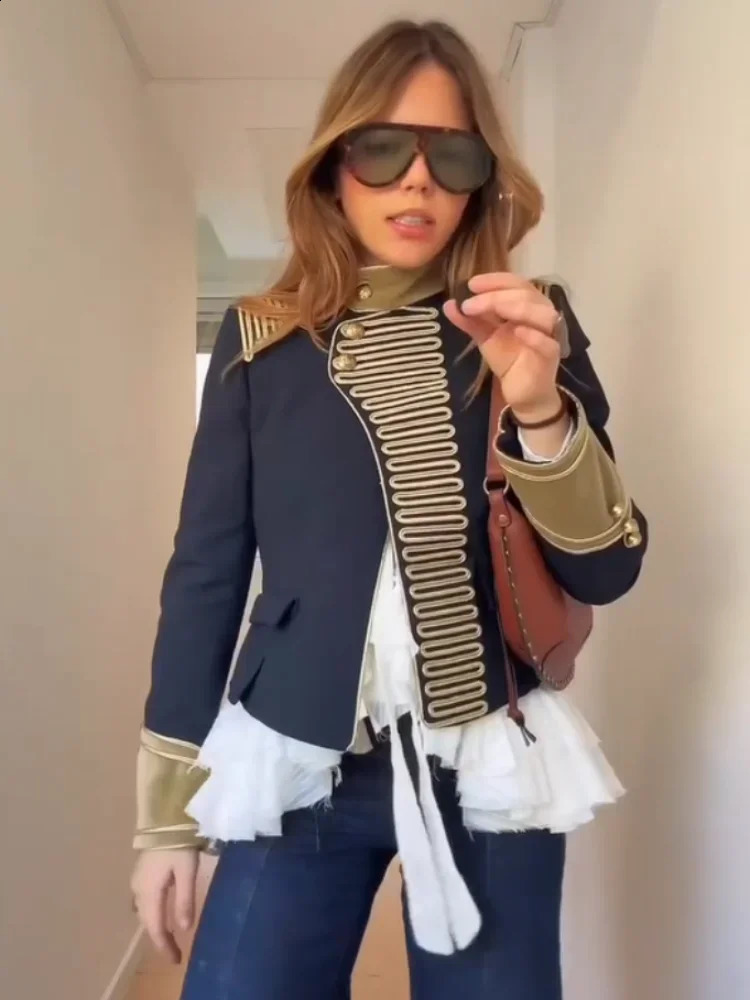 Women Chic Retro Stand Collar Navy Blue Jacket Fashion Gold Embroidered Shoulder Military Coat 2026 Lady Highstreet Outwears 260415