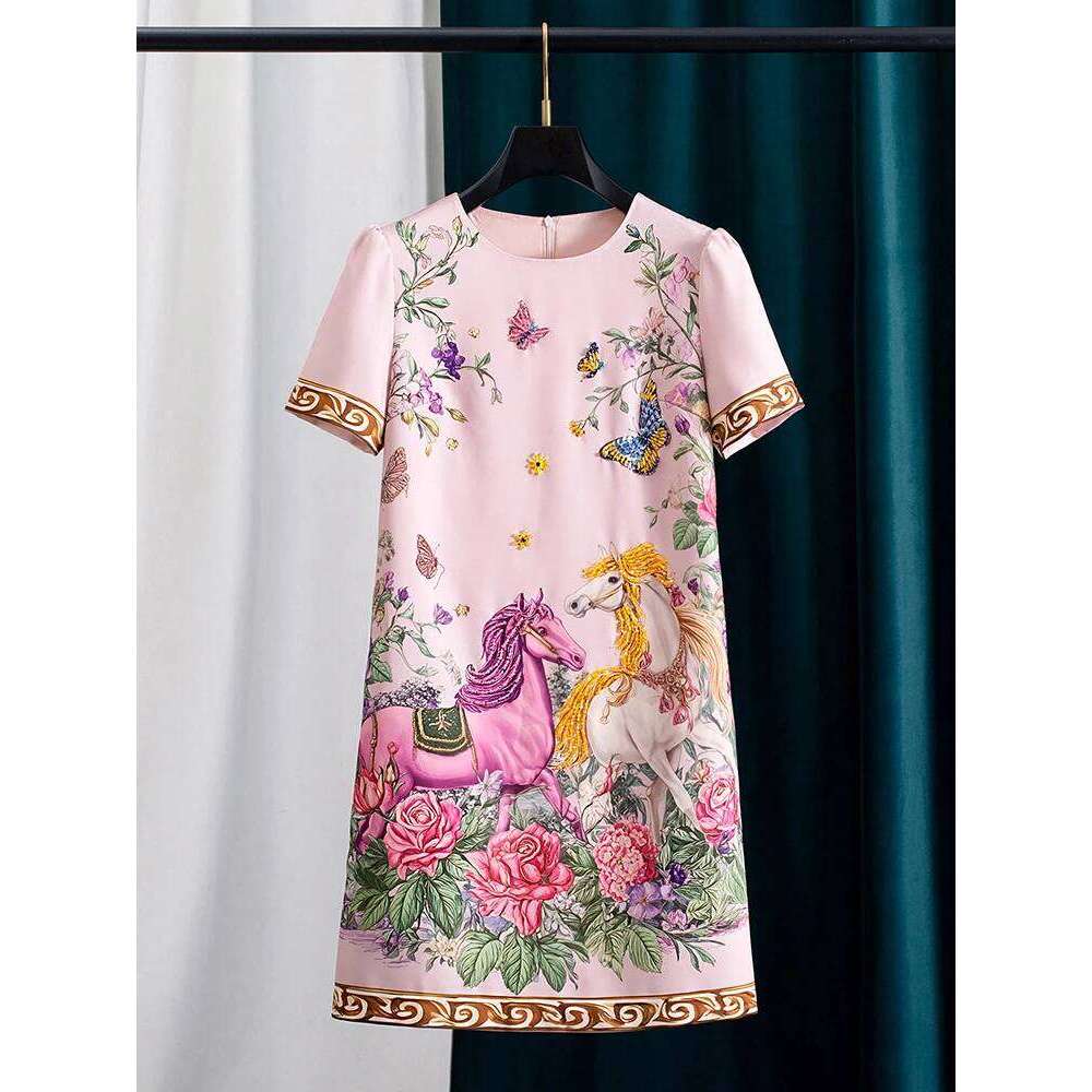 Women Beaded Horse Print Pink Short Sleeve Loose Straight Fit Elegant Spring Summer Casual Midi Dress New Arrival MAKOUFEI