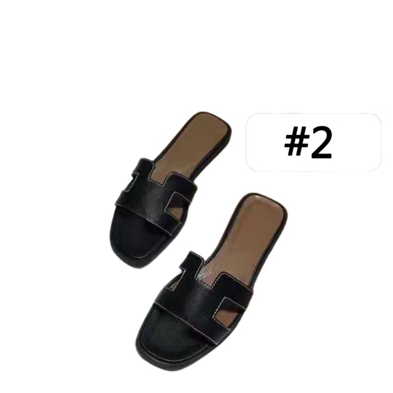 (pls order base on pictures, not written color name) Flat Heel Beach Slippers Sandals Classic Summer Designer Fashion Letter Flops Leather Lady Slides