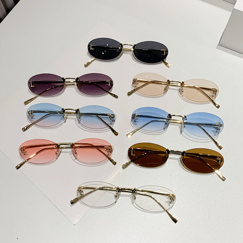 Luxury Frameless Letter L Designer Sunglasses Circular Retro Small Frame Men's And Women's Sunglasses Cross-border Outdoor Metal Oval Frame 