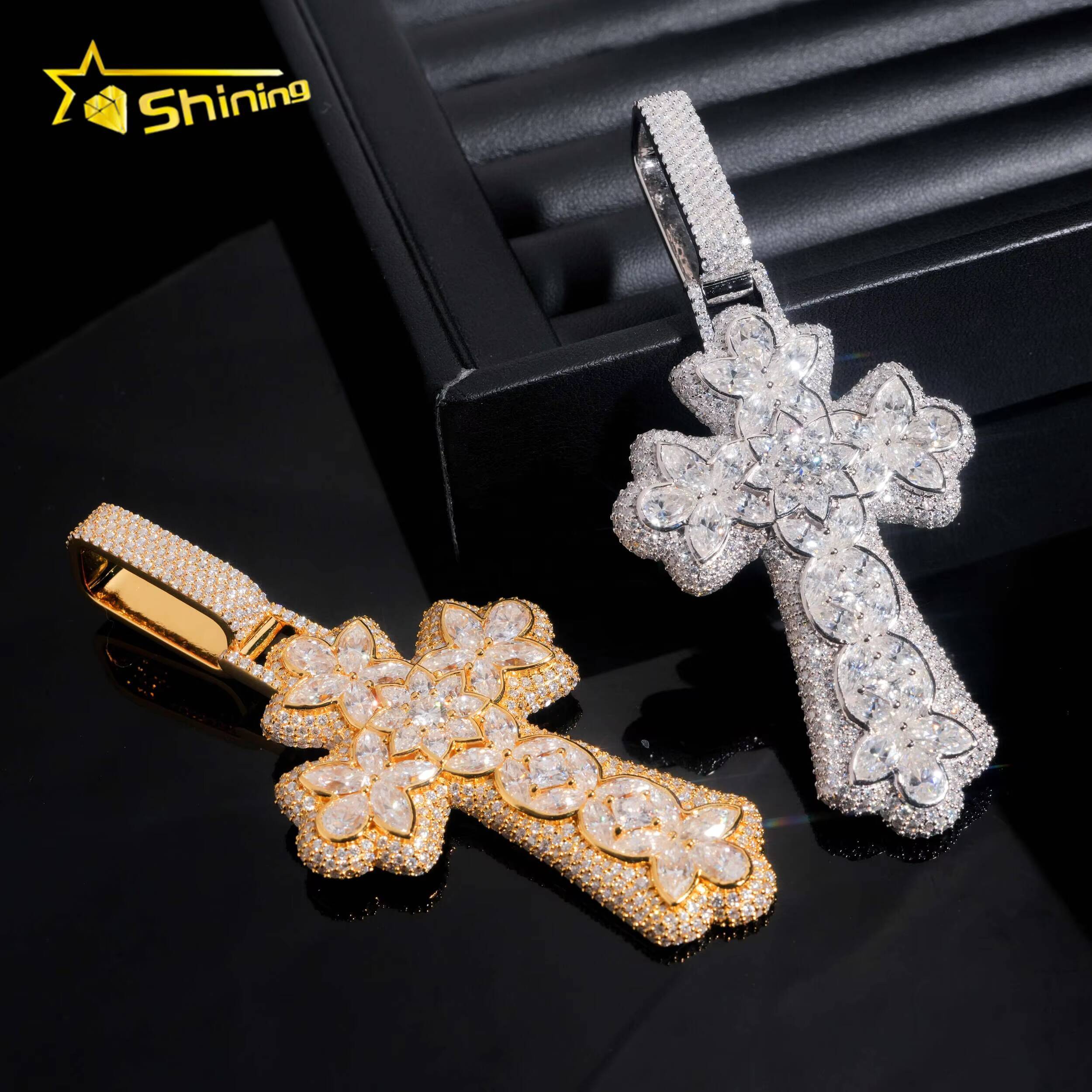 Rapper Jewelry 925 Sterling Silver Hip Hop Fancy Shape Iced Out 18k Gold Plated Moissanite Cross Pendant