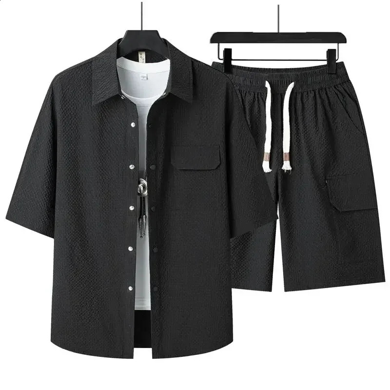 Mens Summer Short-sleeved 2-piece Sets Casual Loose Button Up Collar Shirt and Shorts Men Beach Cool T-shirt Shorts 260415