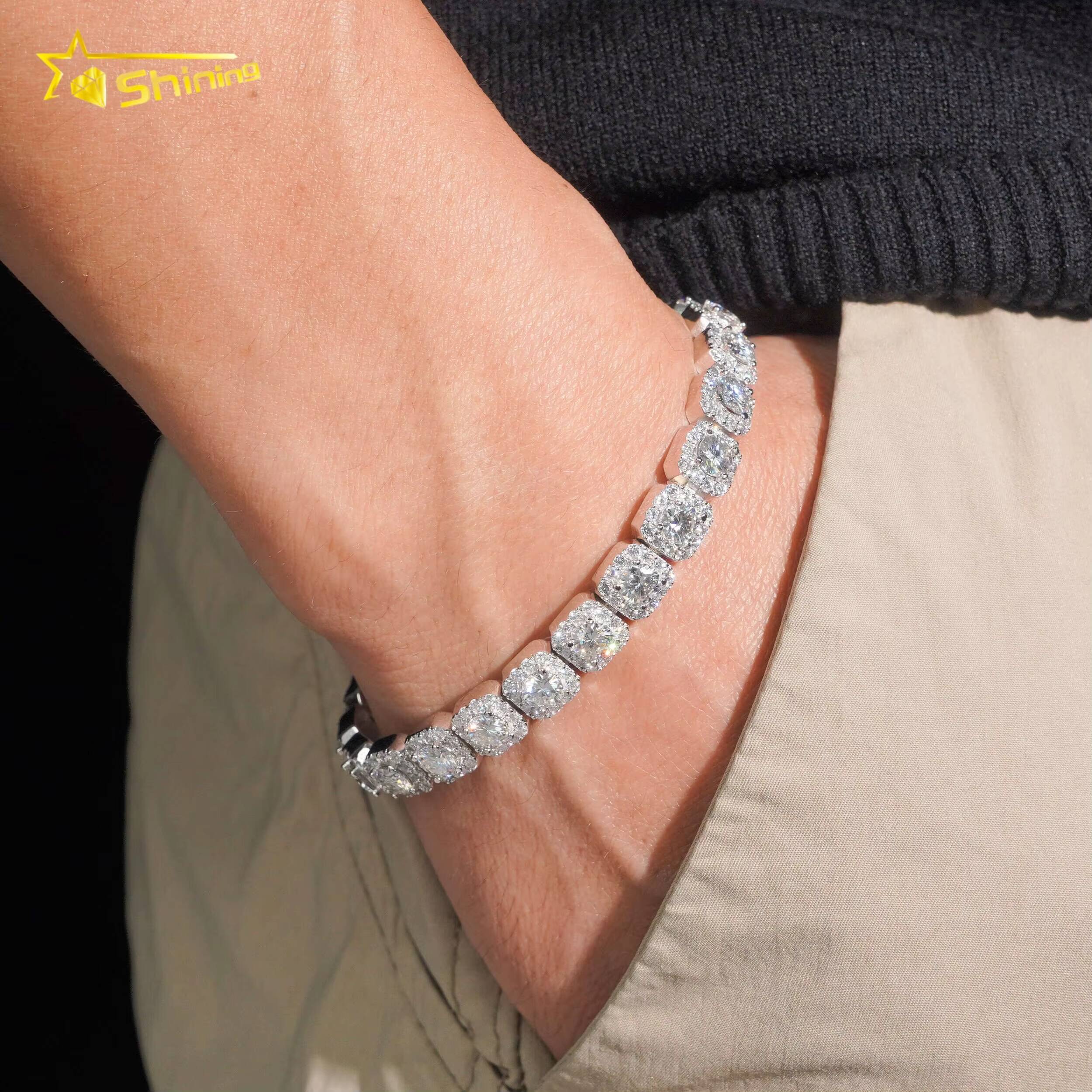 Popular Halo Design 925 Silver Hip Hop 8mm Iced Out Moissanite Diamond Cluster Tennis Bracelet