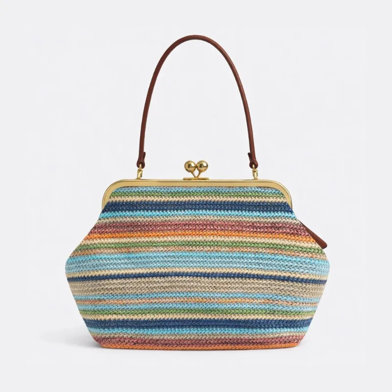 Summer Trend Colorful Striped Straw Shoulder Bag n Frame Large Kisslock Clutch for Women Vacation Travel Beach 260416