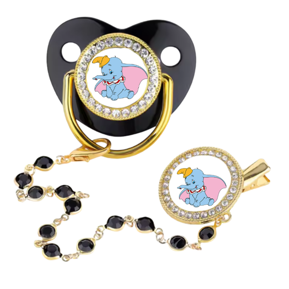 Luxury Baby Pacifier Set with Cartoon Bear Design - Black Shield, Rhinestone Trim, Gold Chain & Clip, Novelty Soother for Infants & Toddlers