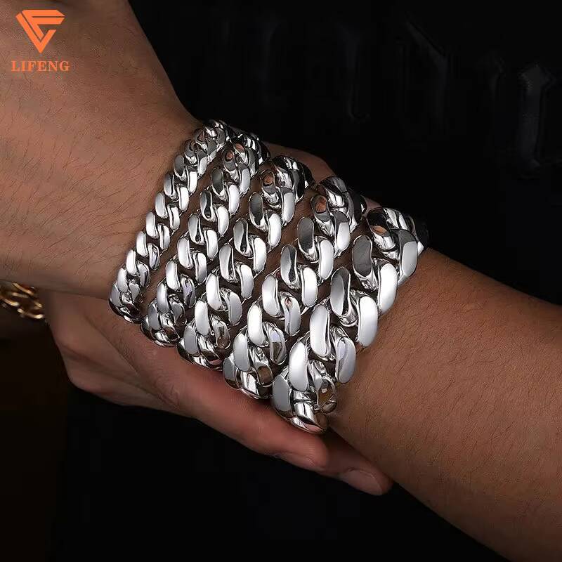 20mm Solid Plain Cuban Chain 925 Sterling Silver Bracelet Custom Hip Hop Fashion Jewelry Simple Cuban Chain Bracelet for Mens