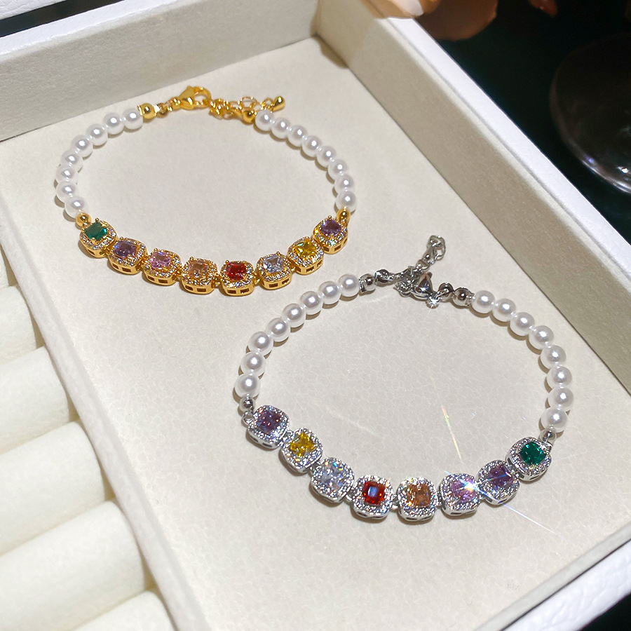 Sparkling Colorful Gemstone Small Cube Pearl Bracelet, Exquisite Craftsmanship, Light Luxury, High-End Feel, Unique and Versatile Jewelry - view 6