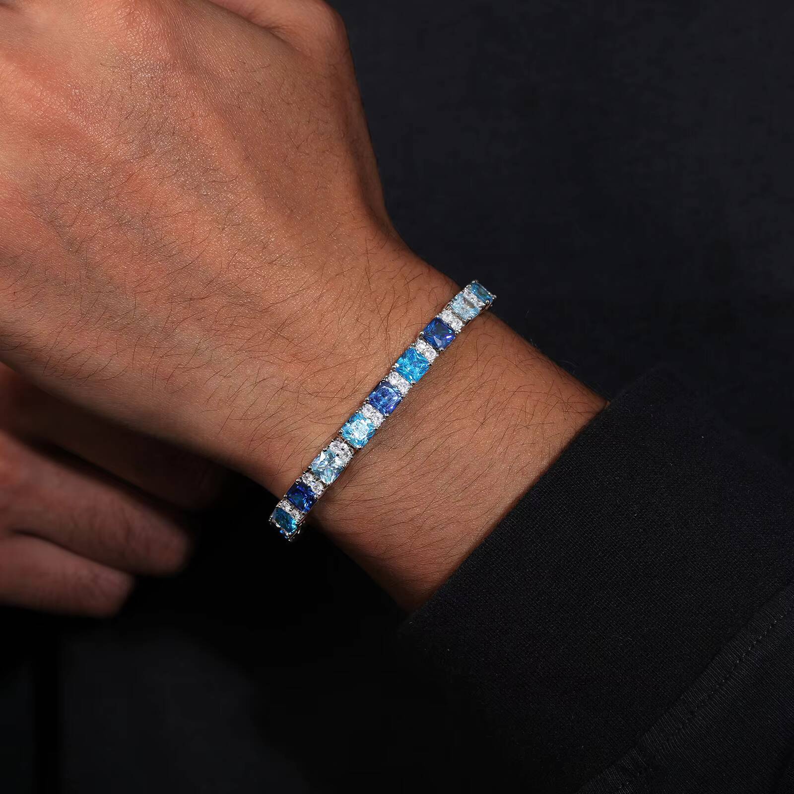 Party Gift Hip Hop Fine Jewelry 65mm Full Pave Gradient Gemstone AAAAA Blue Cz Cluster Fashion Tennis Bracelet
