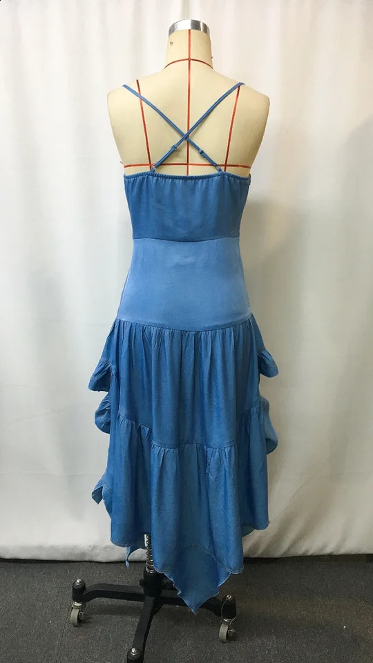 Womens Denim Retro Western Midi Flare Dress with Ruffle Skirt - Vintage Cowboy Style Fall Fashion Stretch Comfort 260415