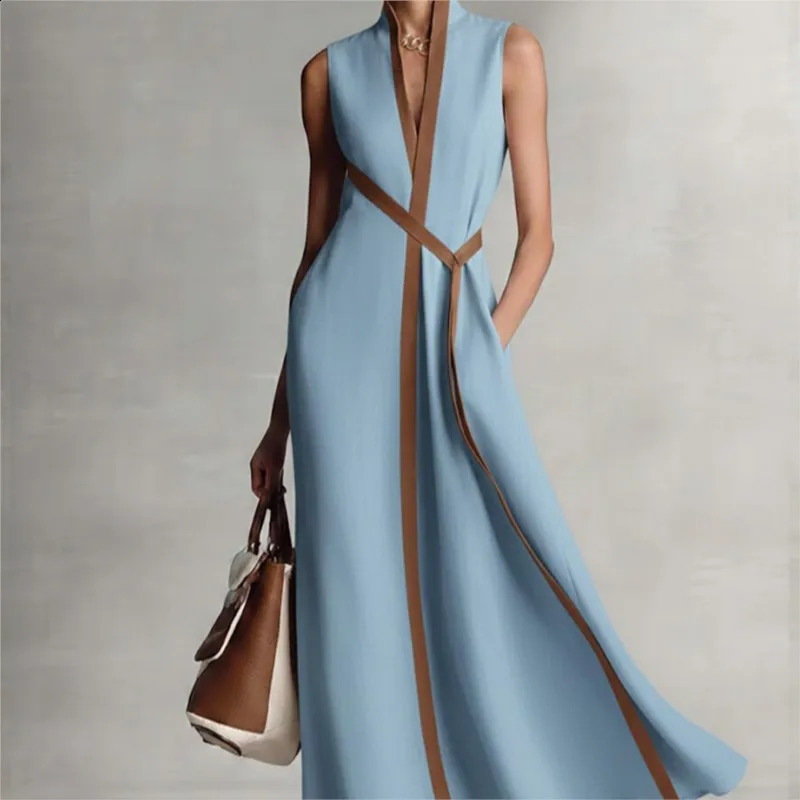 Contrast Color Sleeveless Dress Lace Up 2026 Simple Loose Fashionable Womens Stand Collar Cotton Linen Solid Color Long Dress 260415