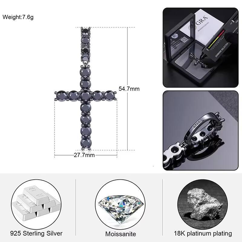 Sterling Black Plated 925 Silver Black Color VVS1 Moissanite Diamond Hip Hop Cross Pendant for Men Women