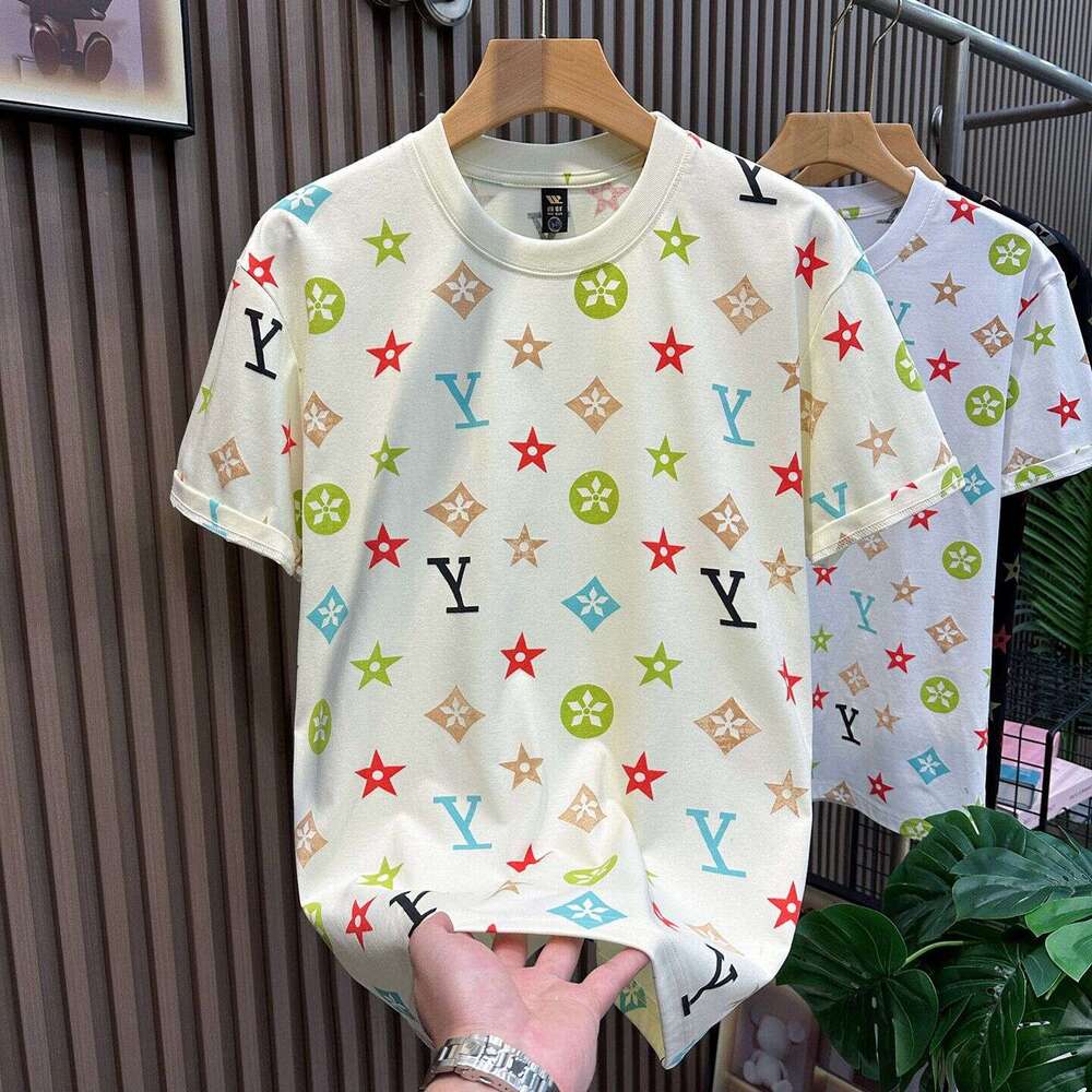 Light Luxury Short-Sleeved Mens Summer New Full-Print Vintage Heavy-Duty T-Shirt Trendy Versatile Round-Neck Top Stylish Casual Base Shirt Asia Size
