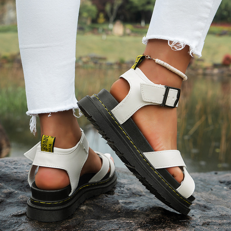Summer New Thick-Soled One-Strap Cross Solid Color Buckle Large Size Hollow Roman Beach Sandals for Women In Stock