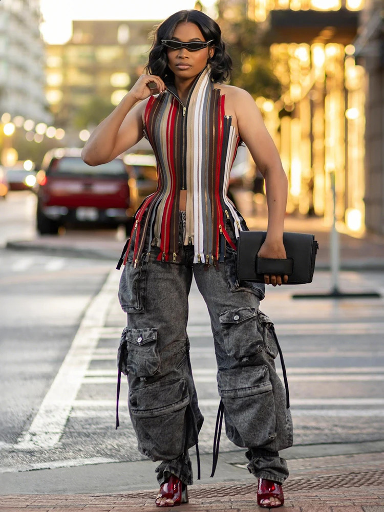 Nibber Backless Irregular Hem Tank Tops Woman Colorful Stripe Halter Multiple Zip Bandage High Street Hip-Hop Style Vests 260415 - view 5