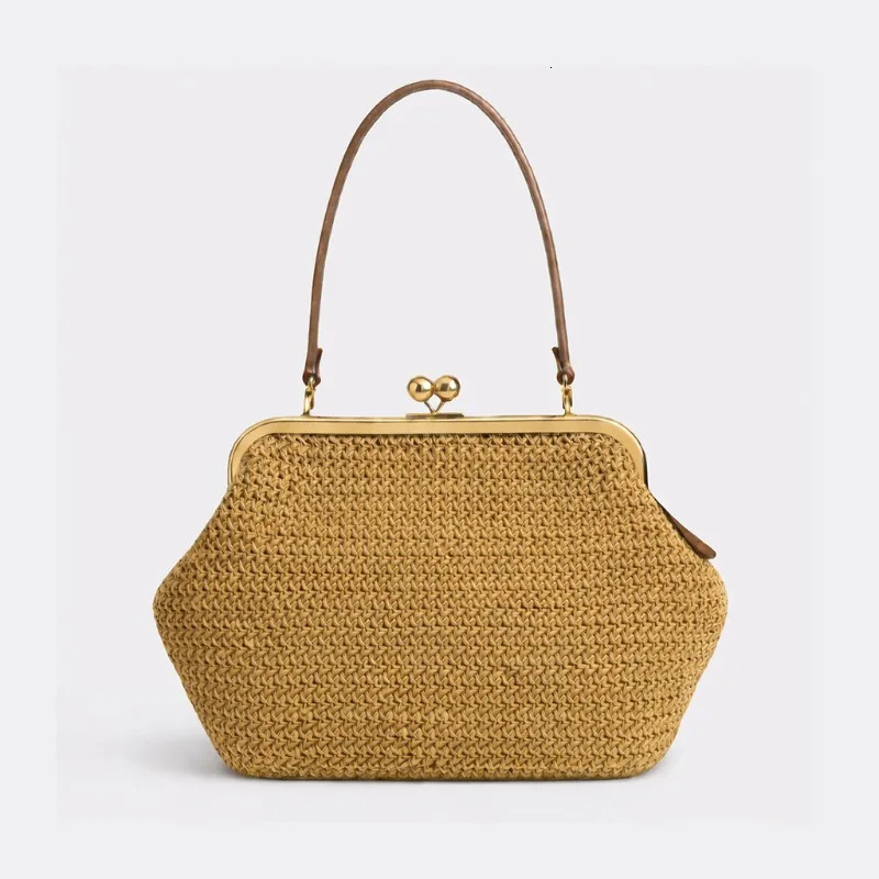 Summer Trend Colorful Striped Straw Shoulder Bag n Frame Large Kisslock Clutch for Women Vacation Travel Beach 260416