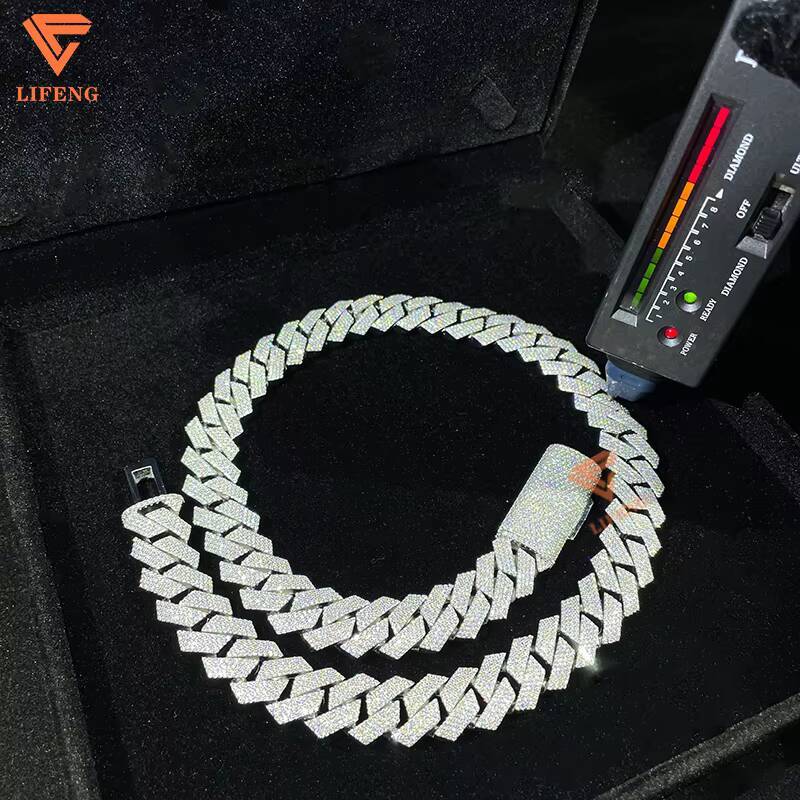 White Gold VVS Moissanite Cuban Link Necklace 15mm 4row Diamond Chain 925 Sterling Silver Fine Hip Hop Jewelry for Men
