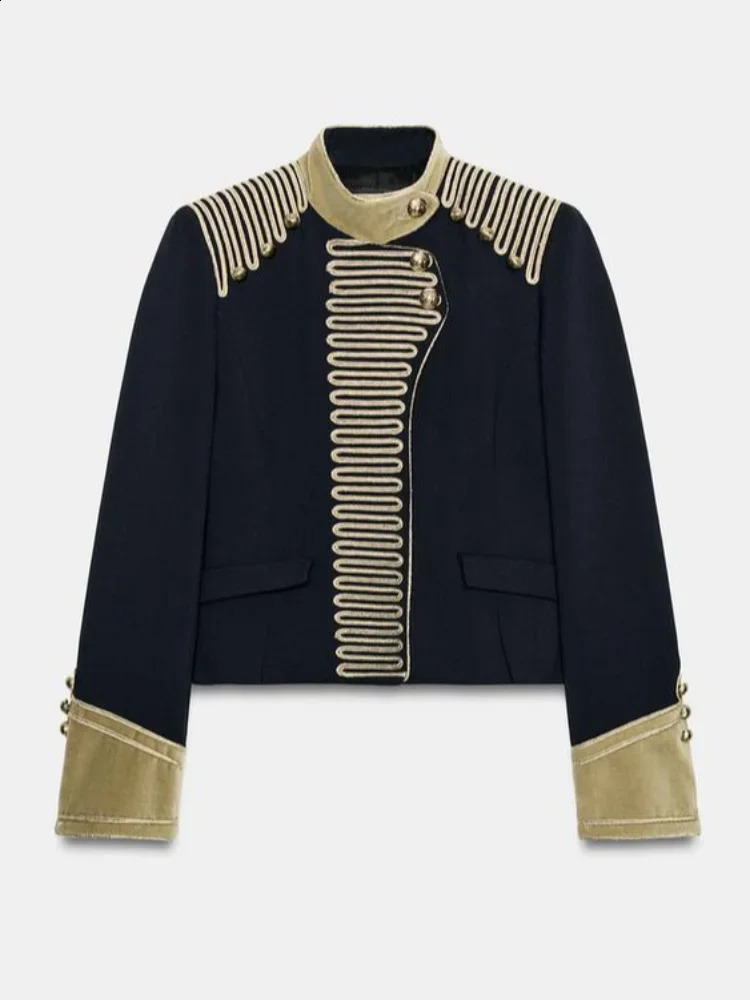 Women Chic Retro Stand Collar Navy Blue Jacket Fashion Gold Embroidered Shoulder Military Coat 2026 Lady Highstreet Outwears 260415