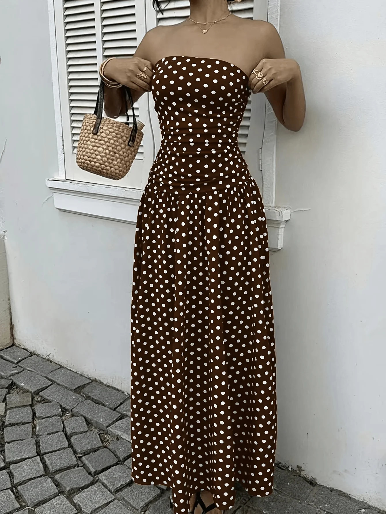 Womens Polka Dot Print Waist-Cinching Vest Dress Vacation Style Long Brown Maxi Skirt Elegant Casual Summer Fashion 260415