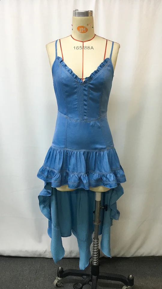 Womens Denim Retro Western Midi Flare Dress with Ruffle Skirt - Vintage Cowboy Style Fall Fashion Stretch Comfort 260415