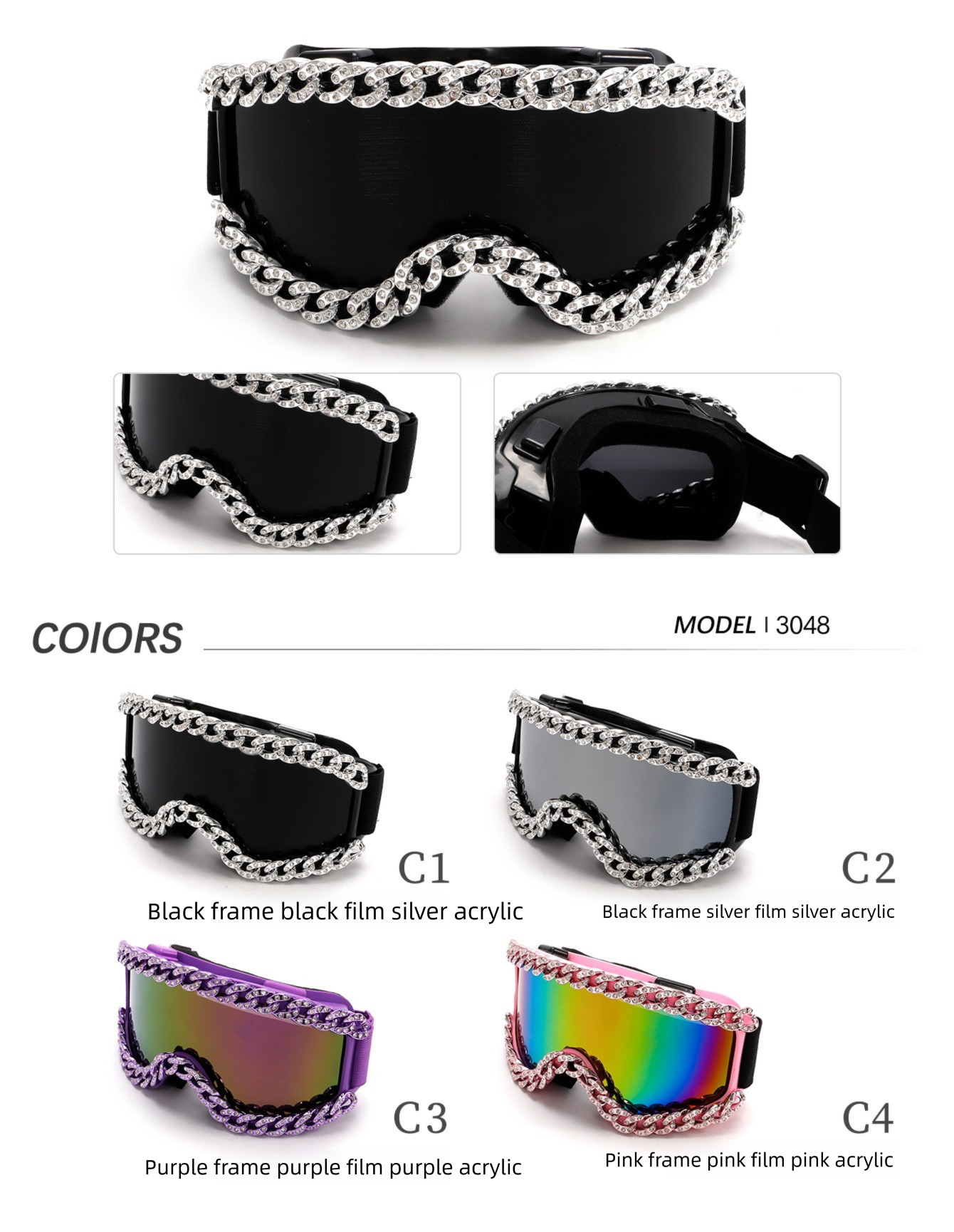 Futurist Designed Outdoor Skiing Goggles Large Frame Chain Designer Sunglasses Cyberpunk Style Diamond Integrated Designer Sunglasses Wholesale