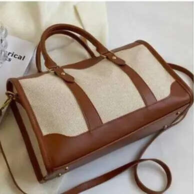 Large Capacity Travel Luggage Bag Vintage Canvas Leather Duffle Bag Block Weekender with Shoulder Strap Fashion for Men Women Portable Gym Tote Handba