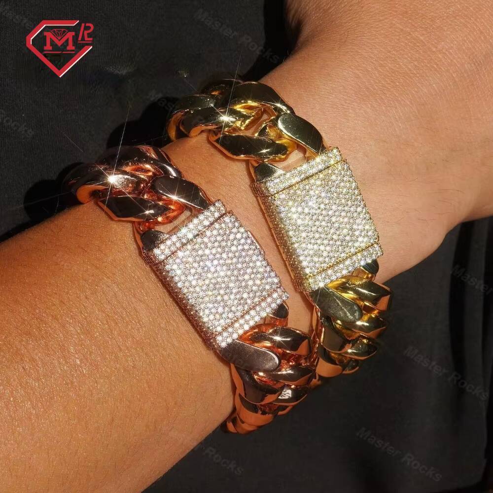 Rock Hiphop Jewelry 15mm Cuban Chain Bracelet With Iced Out Moissanite Clasp 925 Sterling Silver Moissanite Bracelet