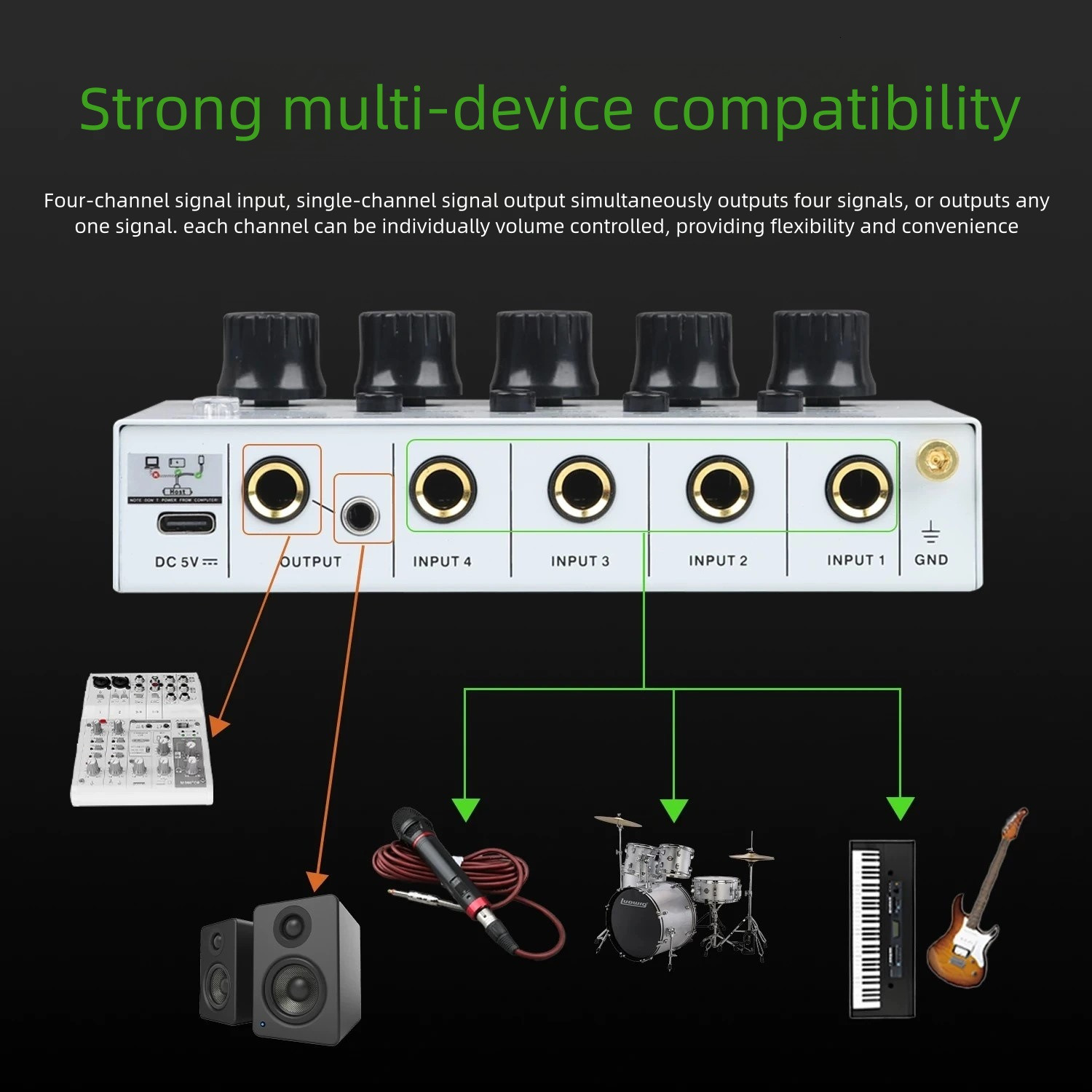 4-channel audio mixer for low noise recording, suitable for home studio four channel stereo audio mixer