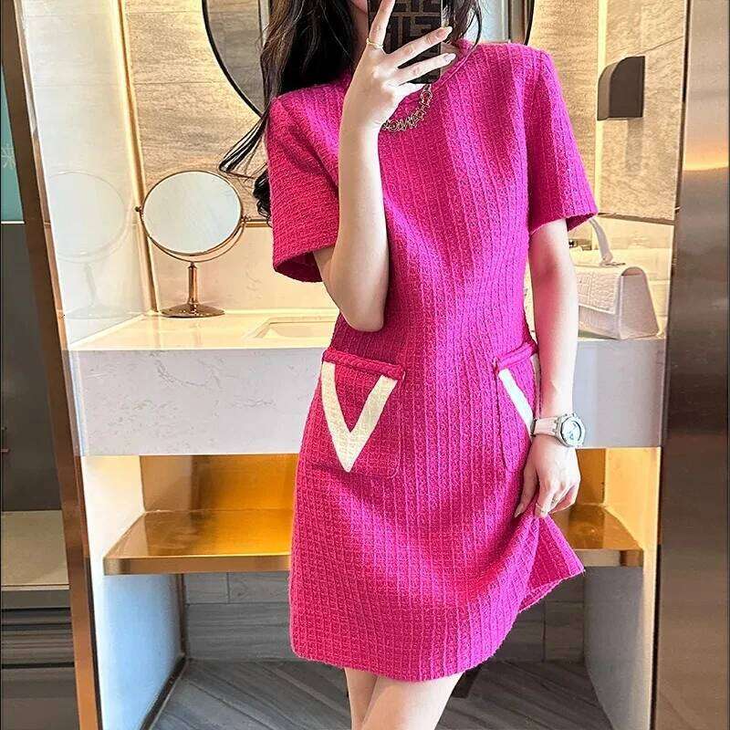 Summer New Women's Tweed Dress Round Neck Straight Slim Fit Pink Elegant Chic Party Dress Sweet Fashion Casual Office Lady Dress MAKOUFEI