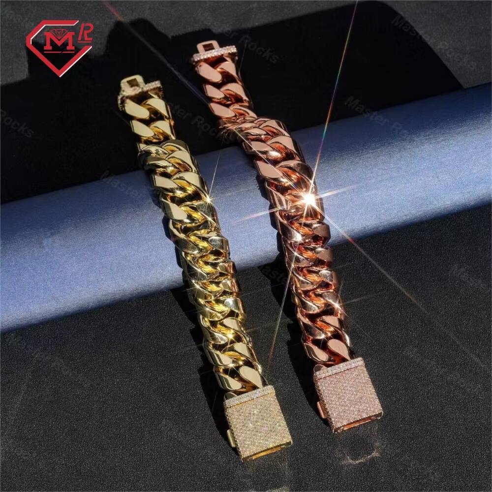 Rock Hiphop Jewelry 15mm Cuban Chain Bracelet With Iced Out Moissanite Clasp 925 Sterling Silver Moissanite Bracelet
