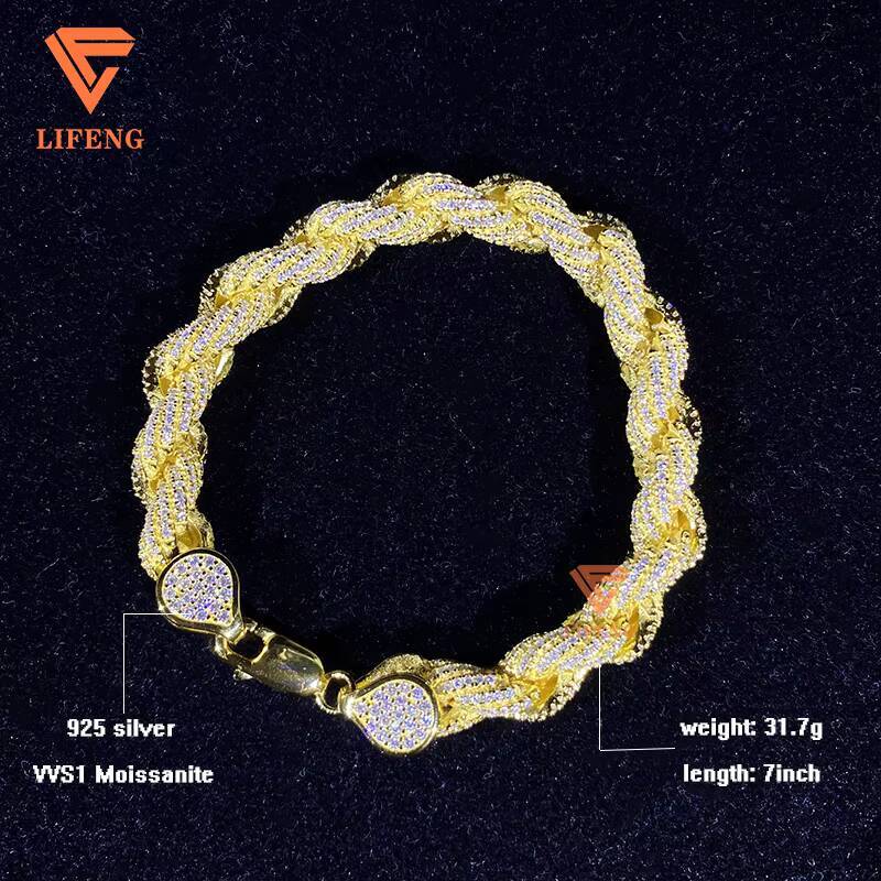 8MM 10MM 3 Color Twist Silver Rope Chain Fully Iced Out Moissanite Diamond Link Bracelet Hip Hop Jewelry Men Necklace Chain