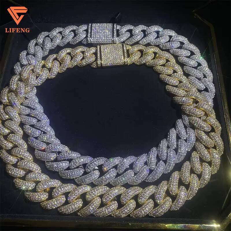 Custom 20mm 5-Rows 925 Sterling Silver Gold Plated Cuban Link Chain Mens Full Iced Hip Hop Diamond Moissanite Fine Necklaces
