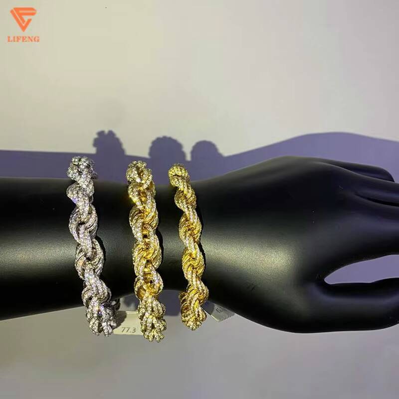 Fashion Jewelry White Gold 925 Sterling Silver Bracelet Iced Out 8 mm VVS Moissanite Hip Hop Rope Chain Charm Bracelet for Men