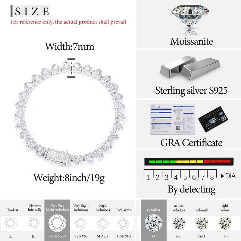 Fashion Wedding Anniversary Gift Jewelry 925 Silver Heart Cut Moissanite Diamond Cluster Heart Shape Tennis Bracelet