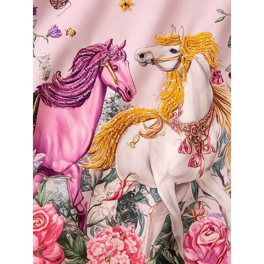 Women Beaded Horse Print Pink Short Sleeve Loose Straight Fit Elegant Spring Summer Casual Midi Dress New Arrival MAKOUFEI