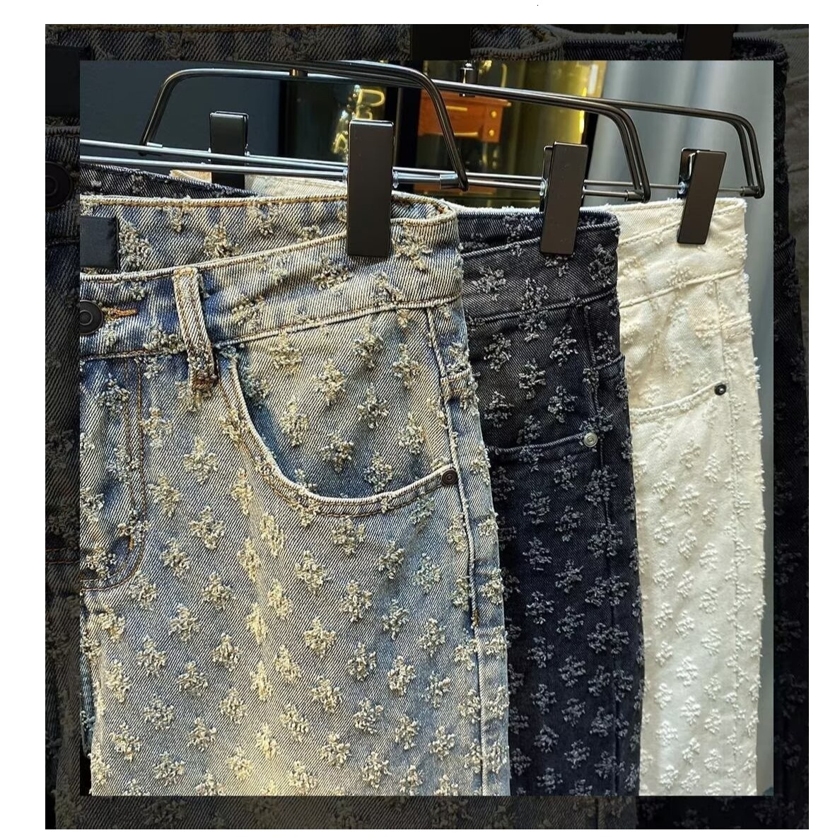 2026 New Designer American Men's Denim Shorts Summer Breathable Luxury Brand Loose Straight Casual Jacquard Medium Long Pants Wholesale