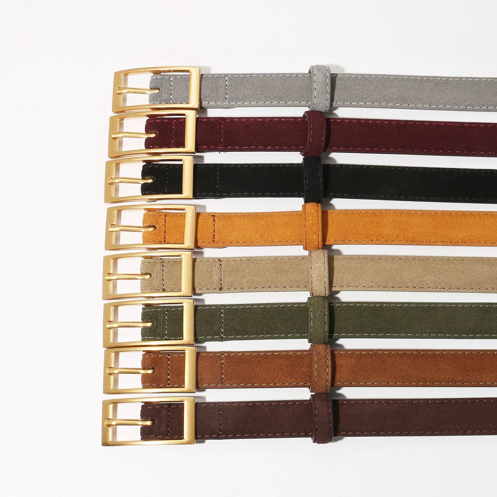 Suede Cowhide Belts Womens Leather Belt Skinny Waist Belt for Dresses Jeans Pants with Gold Squar Buckle 260415