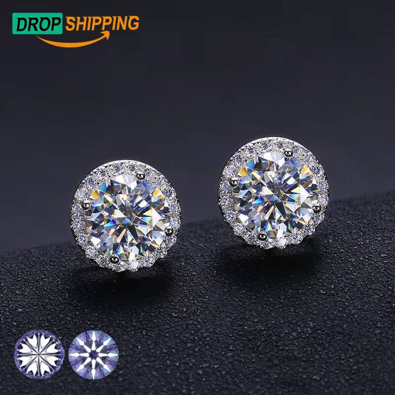 Jewelry Dropshipping Supplier Fashion Gold Plated 925 Sterling Silver Stunning VVS Moissanite Diamond Halo Earrings Stud for Men