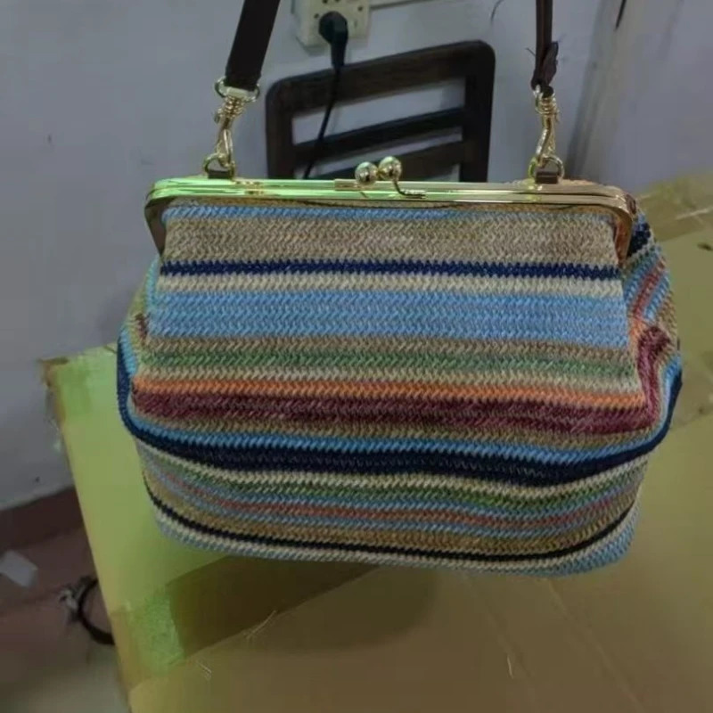 Summer Trend Colorful Striped Straw Shoulder Bag n Frame Large Kisslock Clutch for Women Vacation Travel Beach 260416